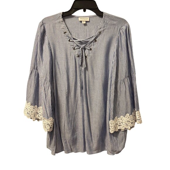 Westport Blue & White Striped Lace-Up Blouse Sz 1X sleeves 3/4 blouse - Picture 1 of 12